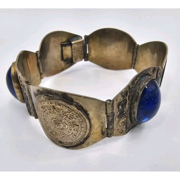Vintage Made in Mexico 925 Sterling Lapis Stone Aztec Mayan Calendar Bracelet - Picture 4 of 12